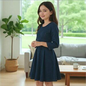 Fabkids ✦ Girls Denim Skater Dress ✦ Pink Contrast Zip 3/4 Sleeve XL EUC